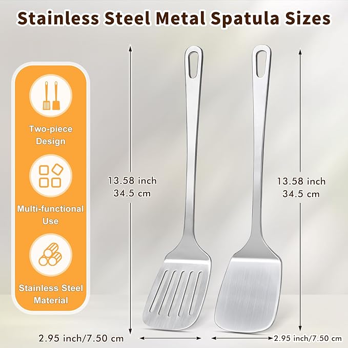 2 Pcs Stainless Steel Spatulas Set, Metal Spatula Solid & Slotted Turner - Image 6