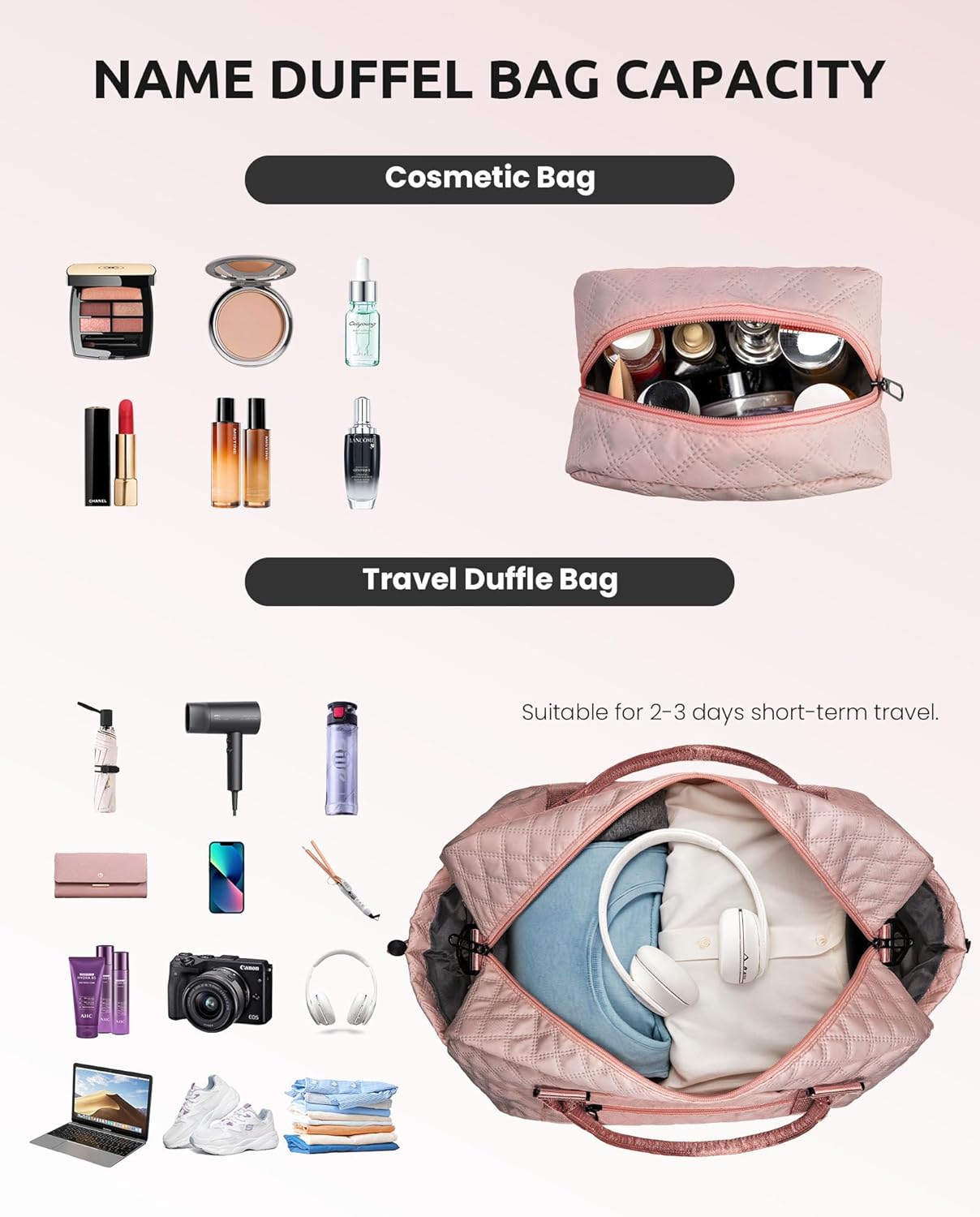 Initial Duffle Travel Bag, Personalized Weekender Bag with Shoulder Strap, Monogram Overnight Bag for Women Wet Pocket, Letter Travel Bag with Makeup Bag Gifts for family (Letter Z), Pink