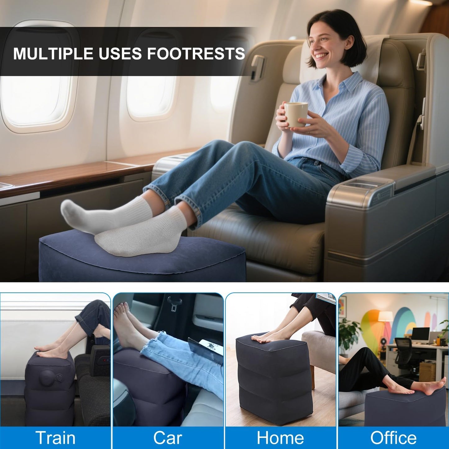 1 Pack Inflatable Travel Foot Pillow,Inflatable Leg Pillow Outdoor Stool, Adjustable 3 Layers Height Leg Rest Pillow for Airplane, Office, Home, Trains, Cars (1Pack Navy)