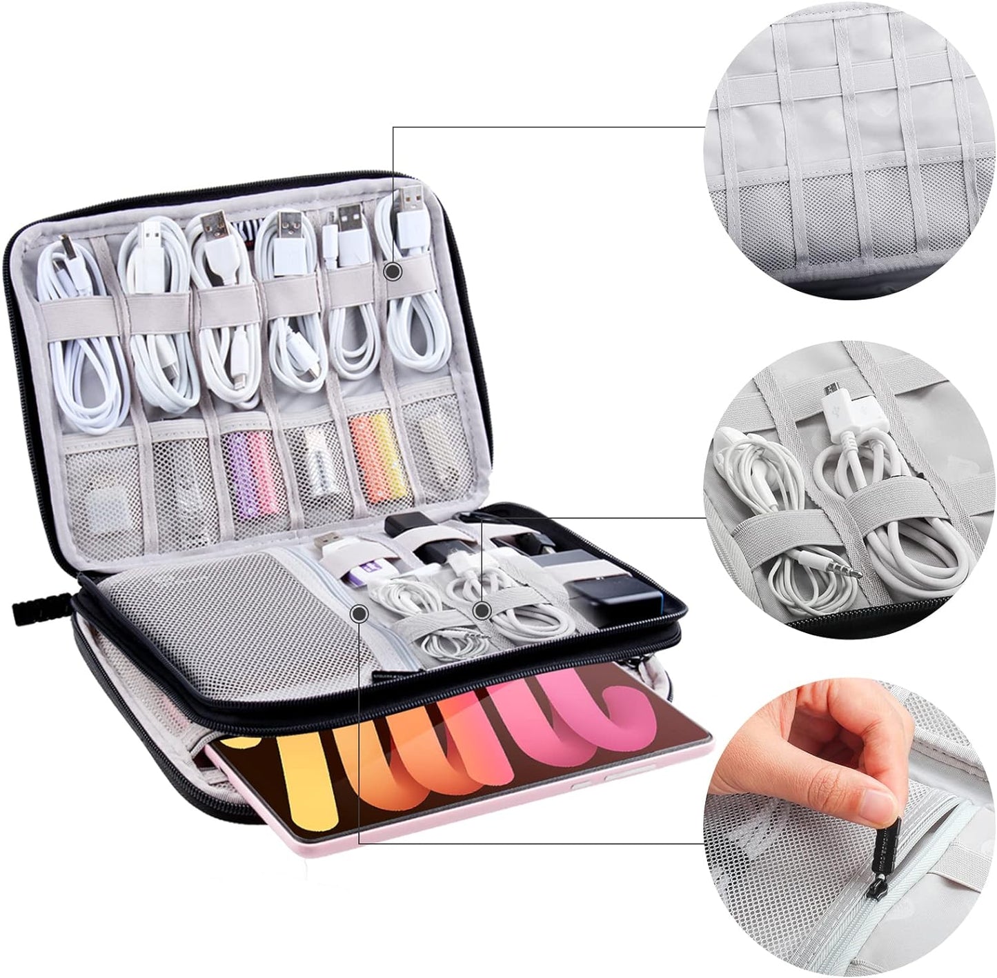 Electronics Organizer Travel Case Cord Cable Charger Organizer Bag Travel Accessories Essentials for Women Men Double Layers Tech Pouch with 5 Cable Ties for Phone Power Bank SD Card USB, Black