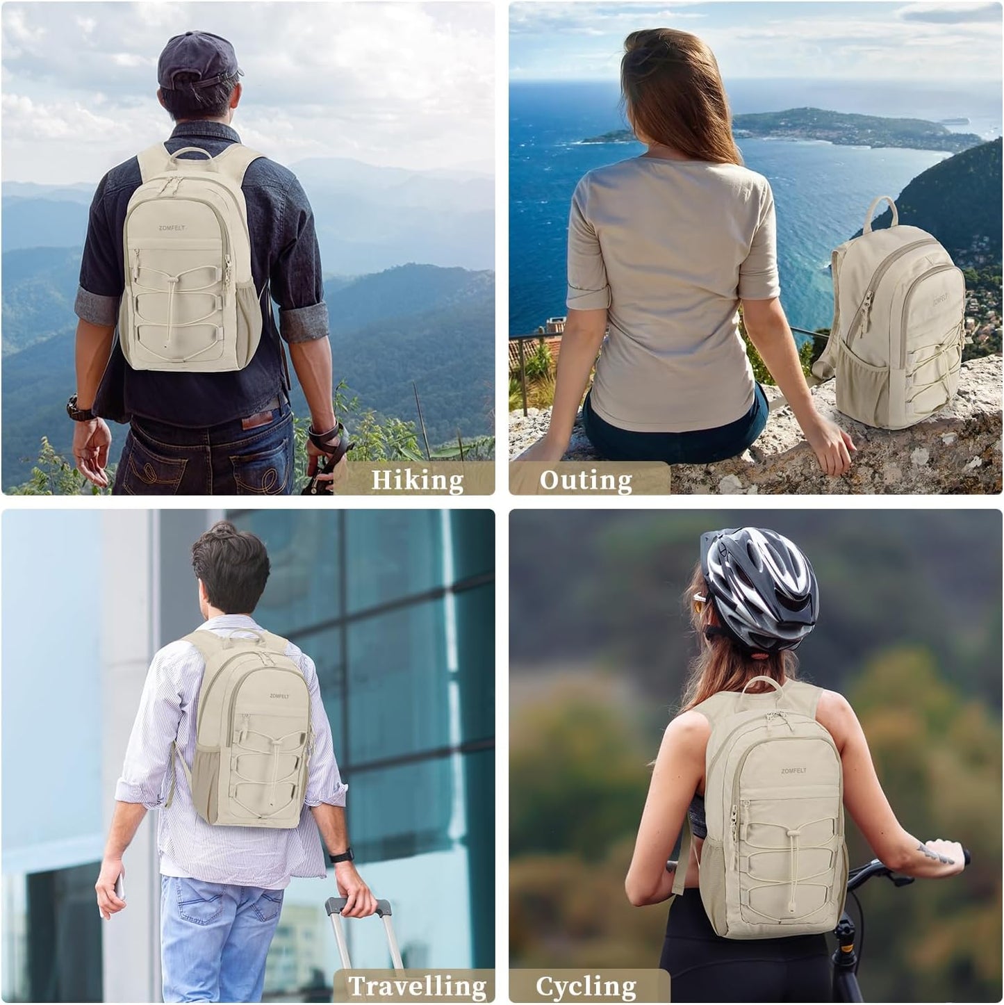 ZOMFELT Hiking Backpack for Women Men, 15L Lightweight Packable Backpack for Trip, Water Resistant Small Travel Backpacks, Foldable daypack for Hiking, Walking, Cycling, Camping, Beige