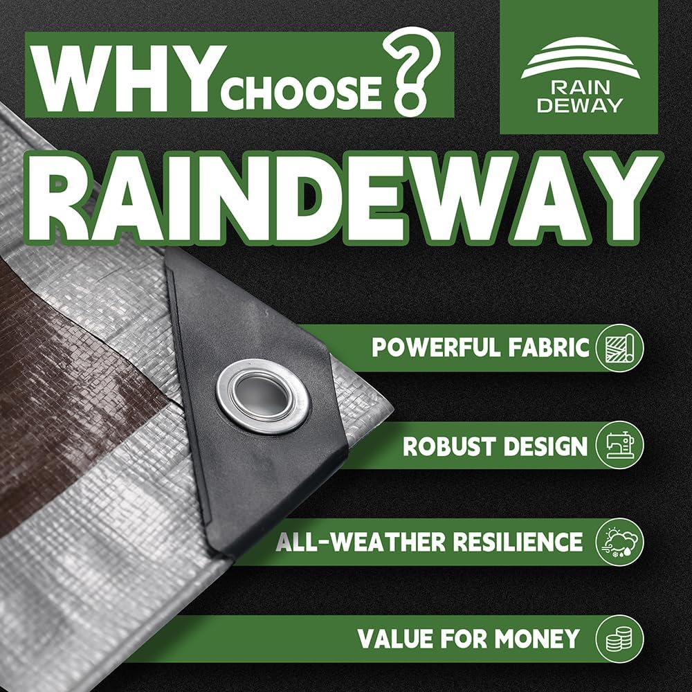 RAINDEWAY Tarps Heavy Duty Waterproof 30x60 Feet, 10 Mil Thick Multipurpose UV Resistance Large Tarp Cover with Metal Grommets and Reinforced Edges, Silver/Brown Tarp