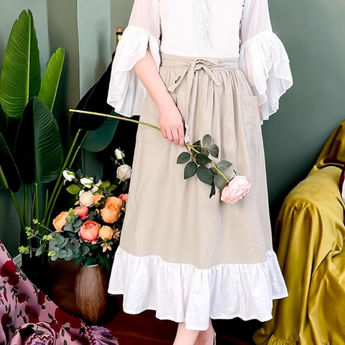 Cotton Linen Half Apron for Women Vintage Waist Apron Ruffle Plain Bright Color - Image 4