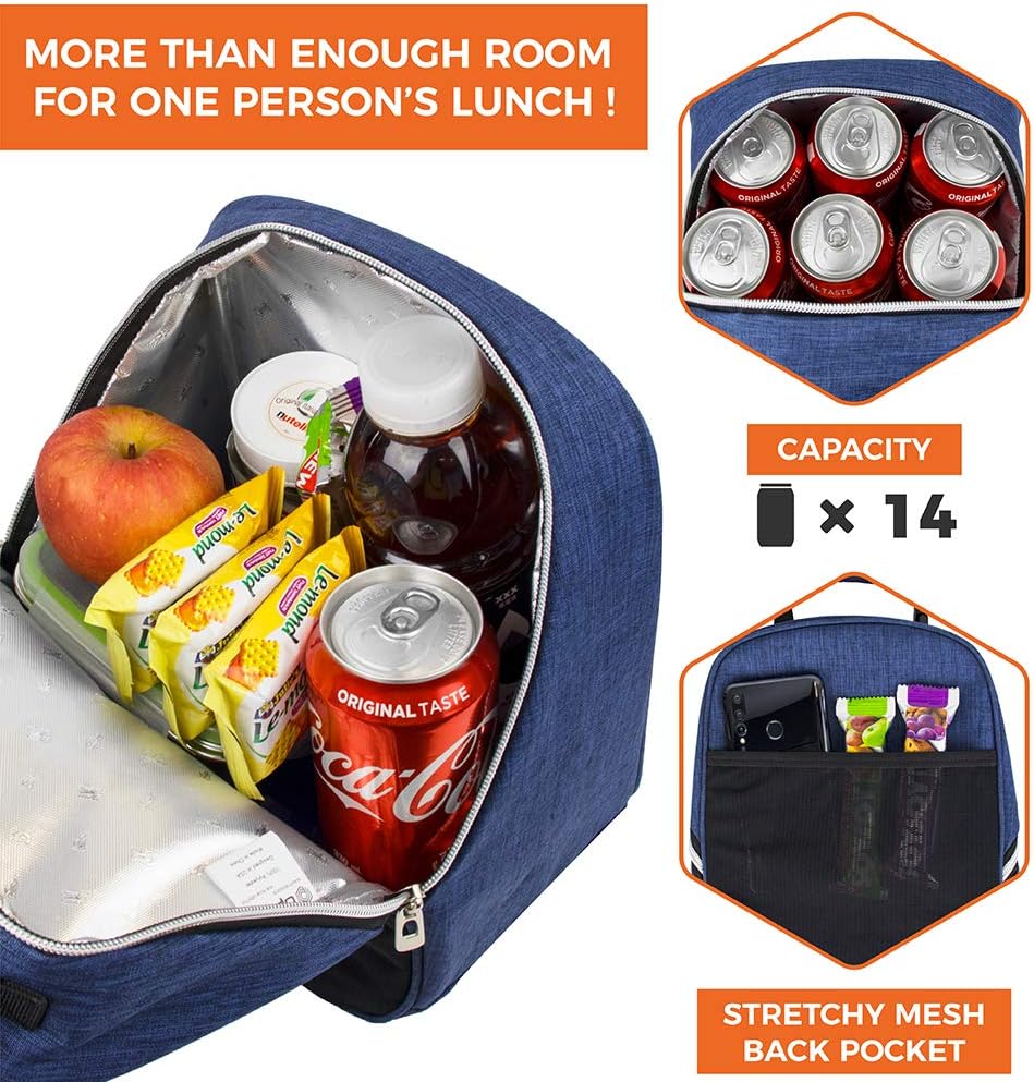 opux Lunch Box for Girls Boys Kids, Insulated Leakproof Lunch Bag, Reusable Teen Lunch Boxes for School, Medium Large lunchbox for Women Men Adult for Work with Front Back Pocket (Navy Blue)