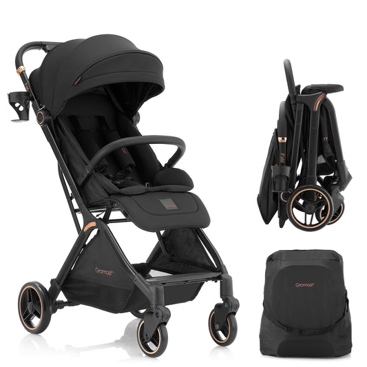 Gravity Folding Baby Stroller - Portable Travel Toddler Stroller w/Adjustable Backrest & Canopy, Lightweight and UV Protected, One-Hand Automatic Folding - Black