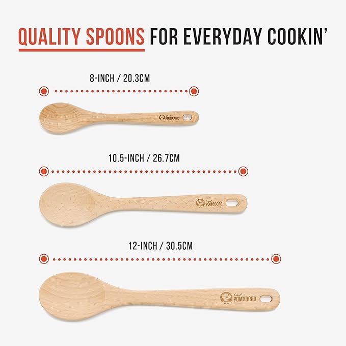 Chef Pomodoro Wooden Spoons for Cooking 3-Piece Set, Solid Beechwood Cooking - Image 2