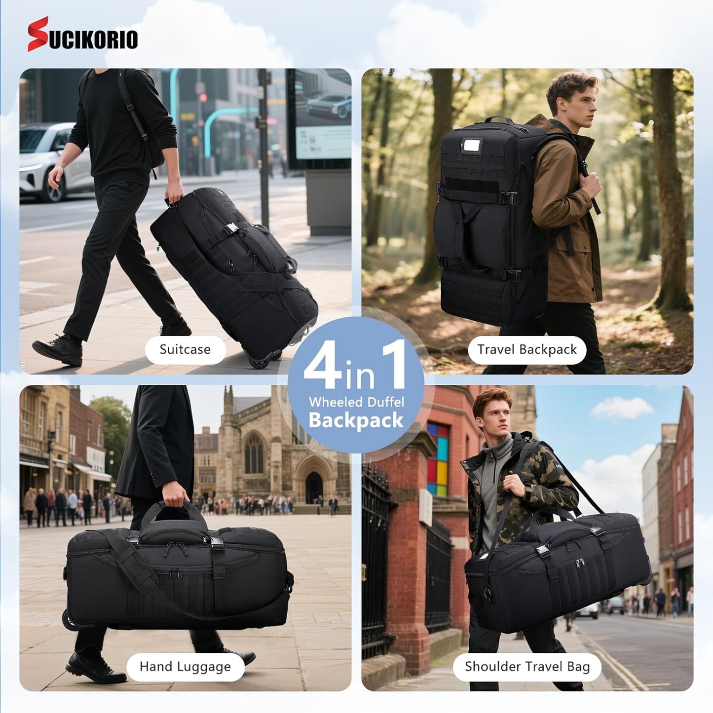Tactical Travel Duffle Bag with Wheels and Handle 3 in 1 Large 85L XL Rolling Travelling Backpack Waterproof Oxford Carry On Hand Luggage Deployment Bags with Combination Padlock, Khaki