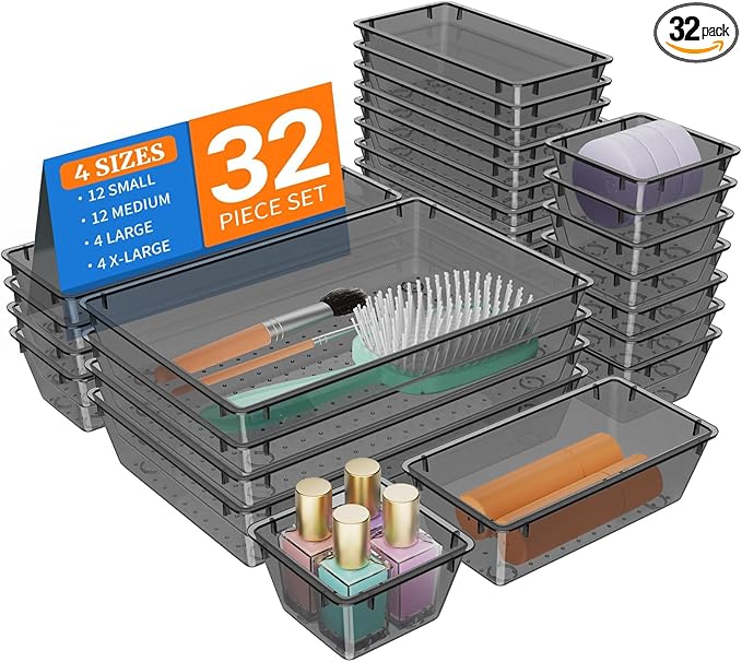 StorMiracle 32 PCS Clear Plastic Drawer Organizer Set, 4-Size vanity organizer by StorMiracle