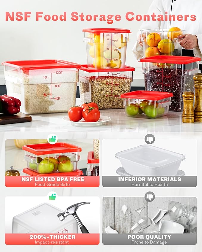 2QT NSF Food Storage Containers: 6 PCS Commercial Clear Square Food Storage - Image 3