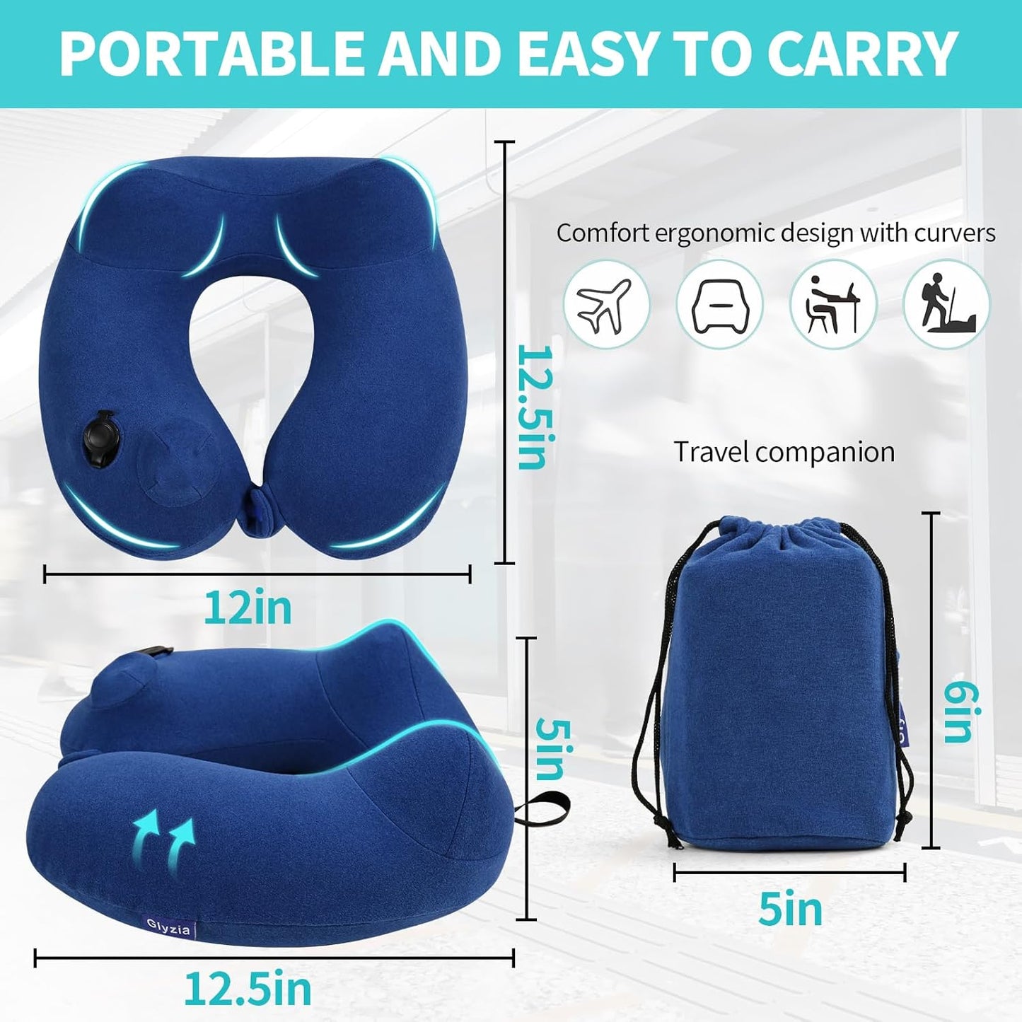 2 Pack Inflatable Travel Neck Pillows for Airplanes, Head Support Velvet Adult Neck Pillows for Long Flight, Kit with Eye Mask, Earplugs and Storage Bag, 2, Navy Blue