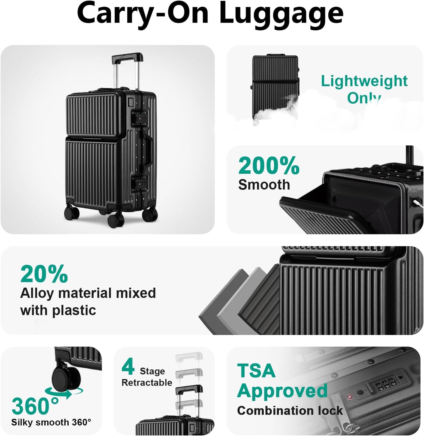 Hard Shell Luggage 24 Inch Travel Luggage, Carry-On Luggage Spinner TSA with Lid, ABS Aluminum Frame，Lightweight Travel Luggage 20'' 24'' 26''Carry-On (upgraded black, 24 inch)