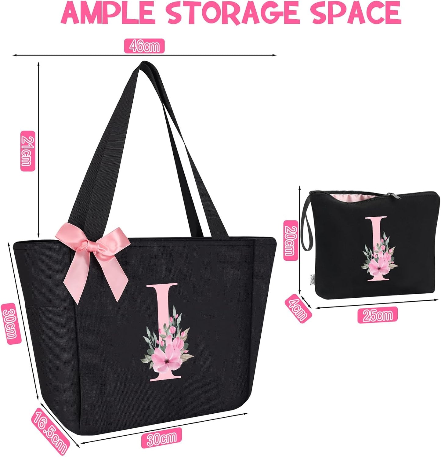 Vavabox Tote Bag, A-Z Initial Monogrammed Waterproof Tote Bag, Bridesmaid Gifts for Women, Black and Pink