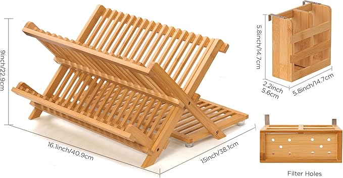 Bamboo Dish Drying Rack with Utensil Holder, 3 Tier Collapsible Dish Rack - Image 2