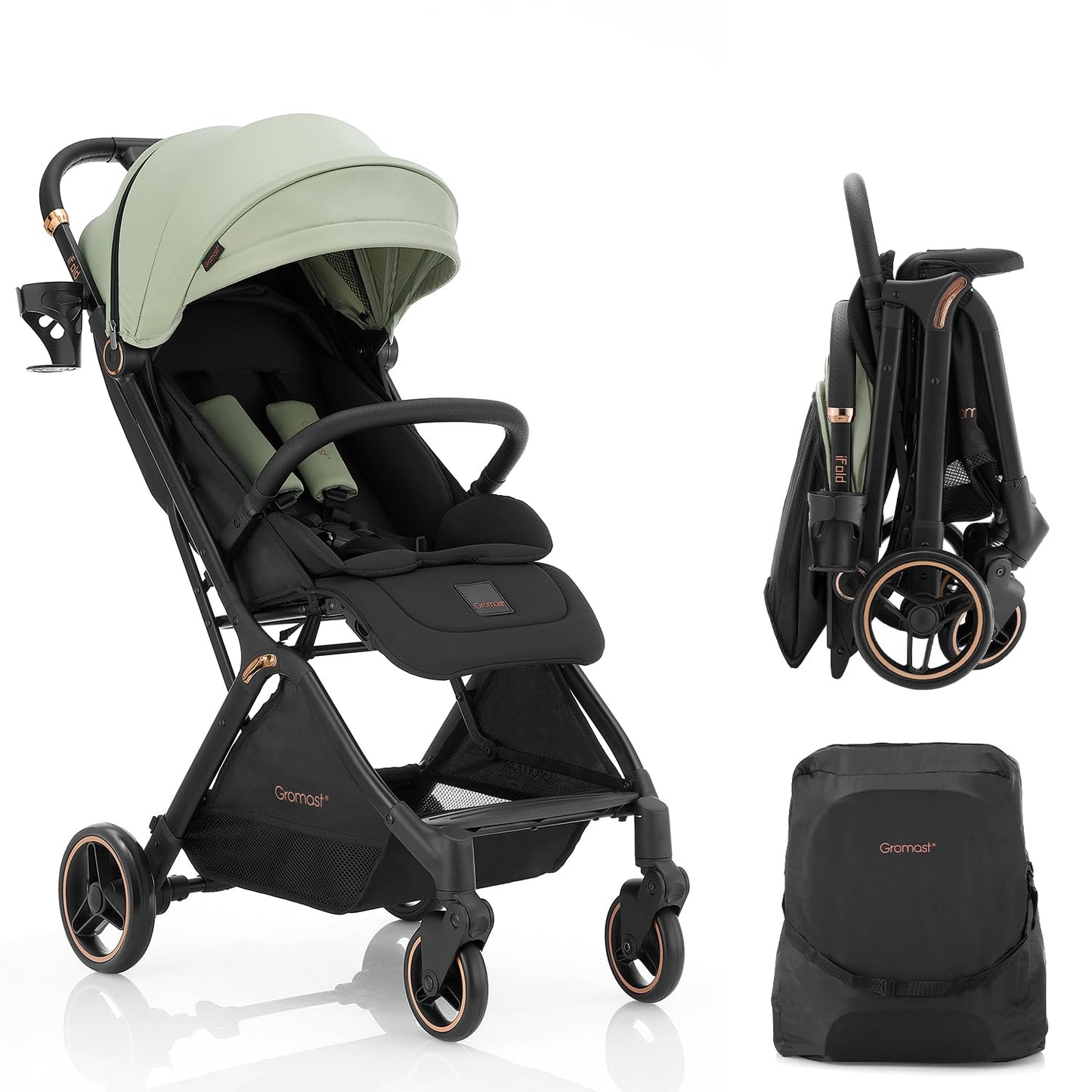 Gravity Folding Baby Stroller - Portable Travel Toddler Stroller w/Adjustable Backrest & Canopy, Lightweight and UV Protected, One-Hand Automatic Folding - Green