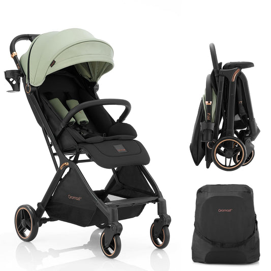 Gravity Folding Baby Stroller - Portable Travel Toddler Stroller w/Adjustable Backrest & Canopy, Lightweight and UV Protected, One-Hand Automatic Folding - Green