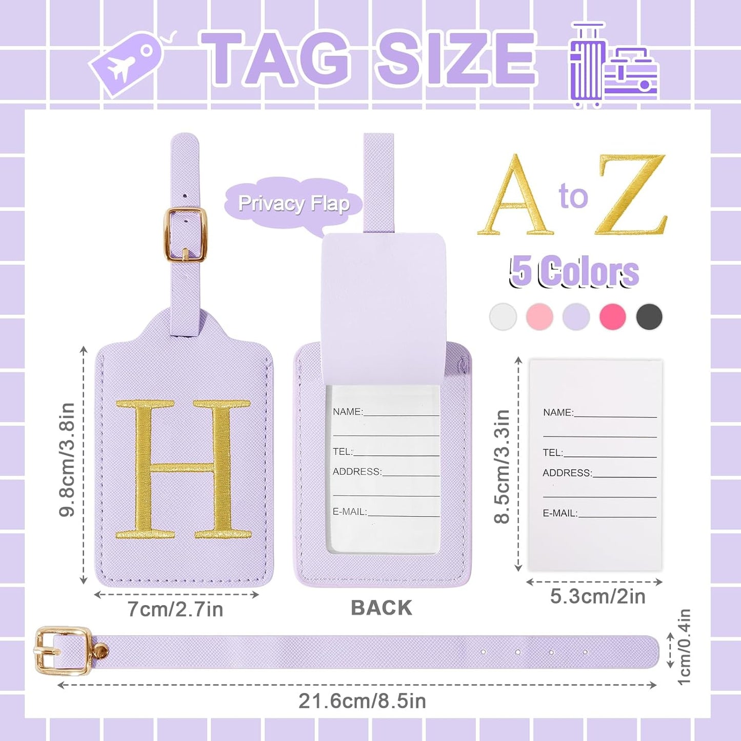 Personalized Initial Luggage Tags for Suitcase, Purple Leather Cute Luggage Tags with Privacy Cover Name Card, Embroidered Custom Monogrammed Luggage Tag Travel Backpack Tags Gifts for Women Kids(H)