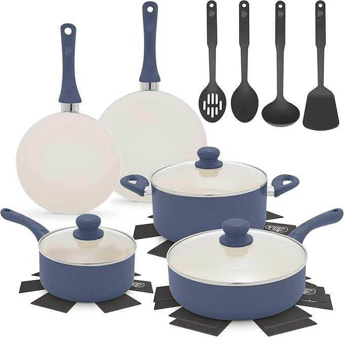 GreenLife 16-Piece Nonstick Cookware Set, Non-Toxic Ceramic Pots and Pans Set by GreenLife