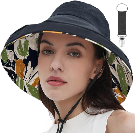 vidsel Womens Sun Hats Wide Brim Reversible Bucket Cotton Hat Packable Summer Travel Cap with Hat Clip,UV Protection