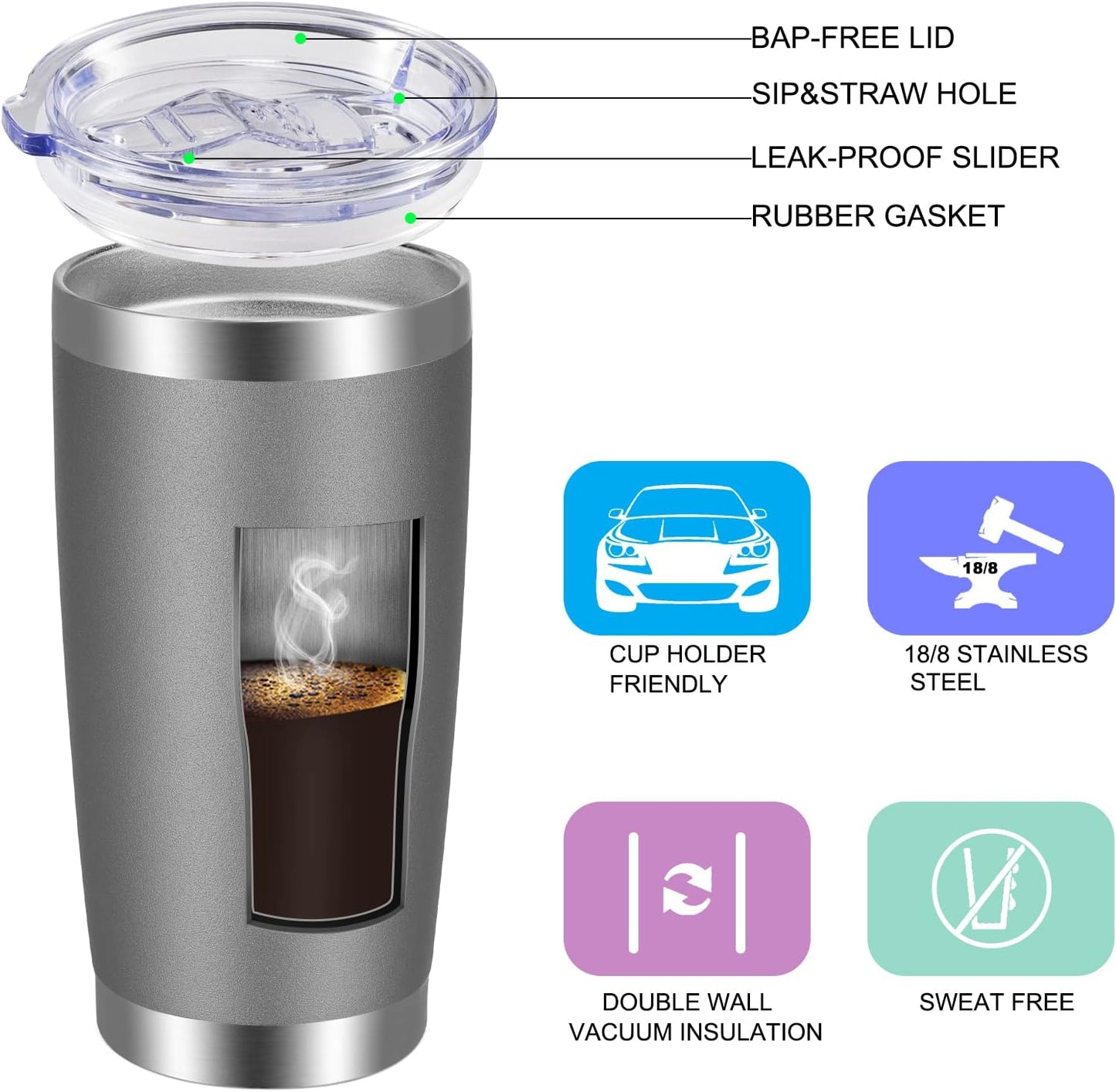 VEGOND 20oz Tumbler with Lid and Straw Stainless Steel Tumbler Cup Bulk Vacuum Insulated Double Wall Travel Coffee Mug Powder Coated Coffee Cup(Grey 12 Pack