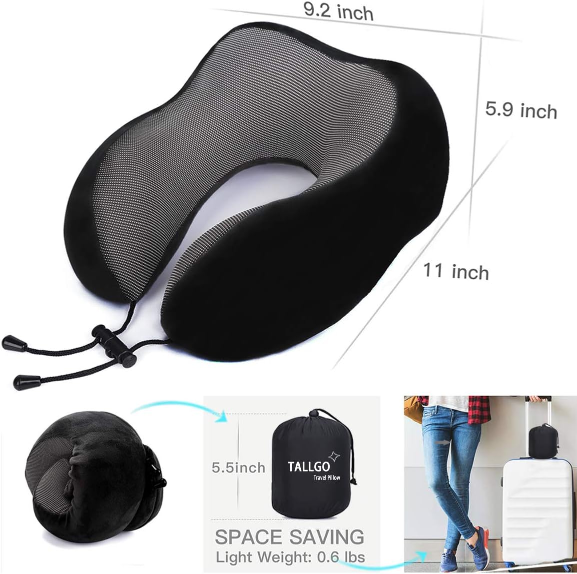 Travel Pillow, Best Memory Foam Neck Pillow Head Support Soft Pillow for Sleeping Rest, Airplane Car & Home Use (Black)