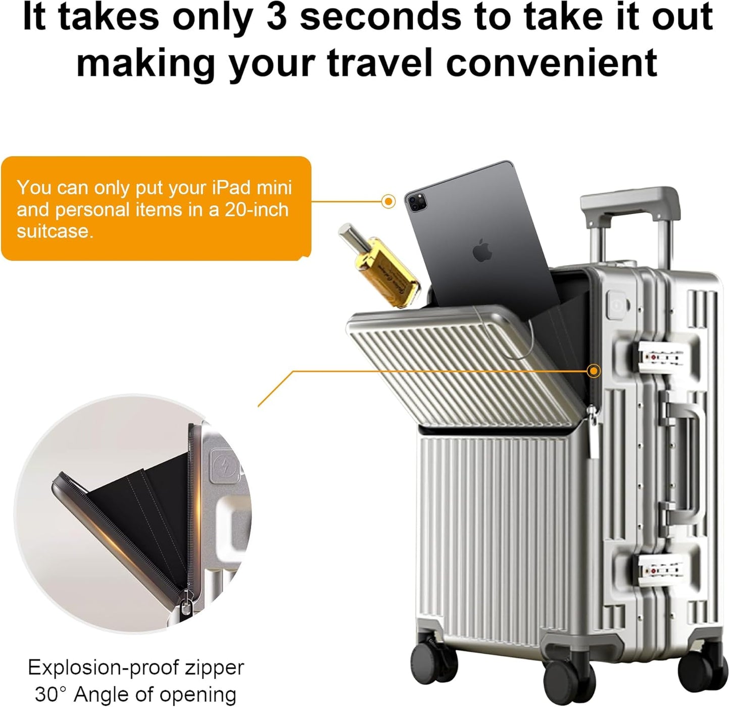 Zipperless Luggage, 22x14x9 Aviation Certified, Polycarbonate Aluminum Hardshell, Expandable Carry-On Luggage with Spinner Wheels, Hardshell Luggage, 20 Inch Cabin