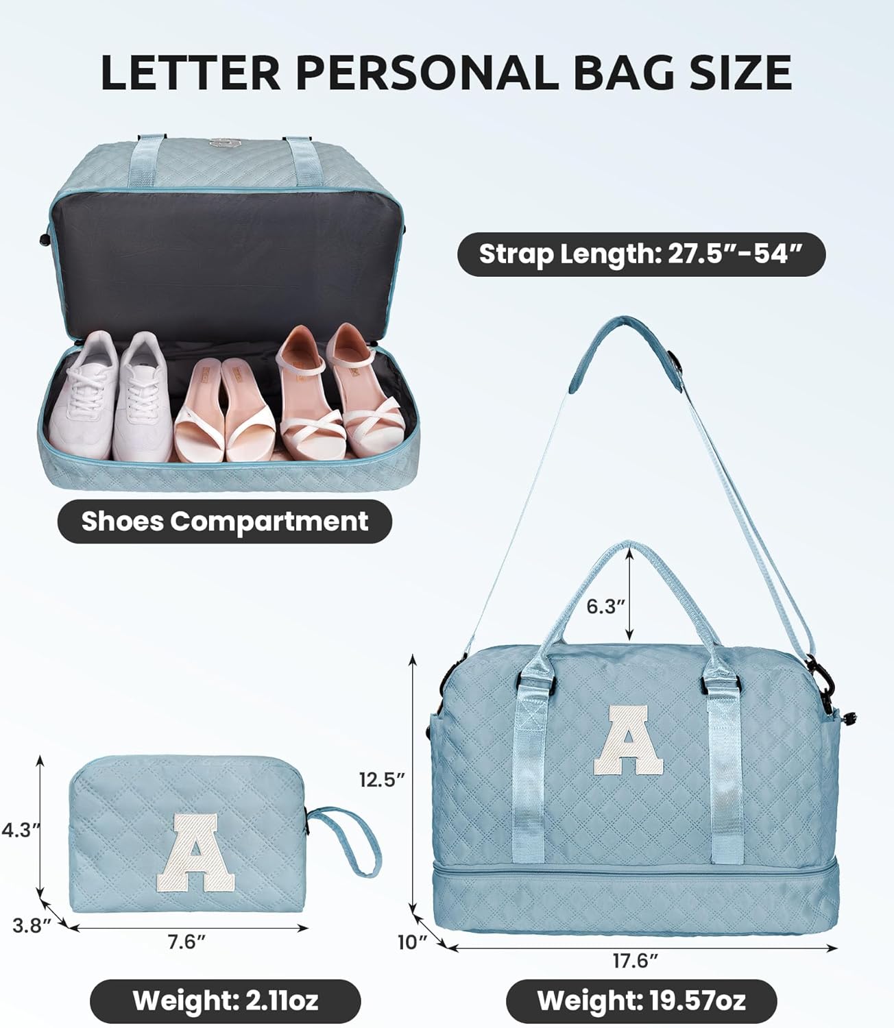 Gifts for Friends - Initial Personalized Weekender Duffle Bag with Shoe Compartment and Travel Makeup Bag for Daughter or Sister (Letter I)