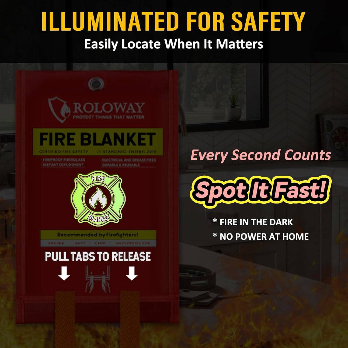 ROLOWAY Emergency Fire Blanket for Home and Kitchen, Fire Blankets Emergency for Home Safety (40 x 40 Inch) with Hooks, Gloves, Fire Suppression Blanket with Emergency Whistle for Fire Safety (4 Pack)
