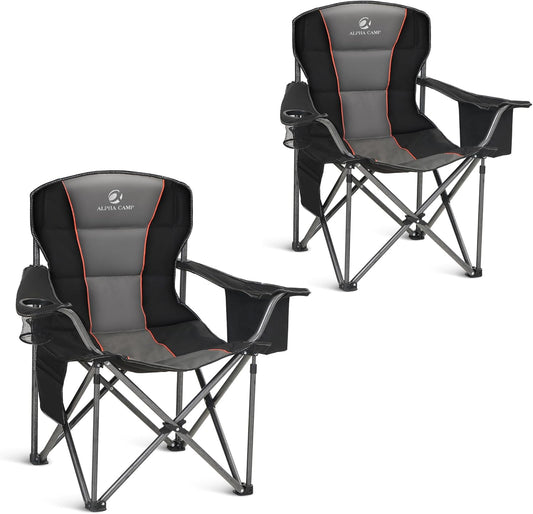ALPHA CAMP Oversized Camping Chair Heavy Duty Lawn Chair with Cooler Bag Support 450 LBS Steel Frame Collapsible Padded Arm Quad Lumbar Back Folding Chair for Lawn Outdoor