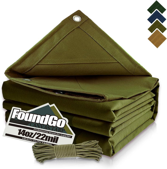 FoundGo Canvas Tarp 12x45ft Heavy Duty Waterresistant Tarps with Grommets, UV Resistant, 22 Mil Tarpaulin,14 oz Durable Cloth Covers for Car, Roof, Boat, Camp, Canopy, Woodpile with Ropes-Moss