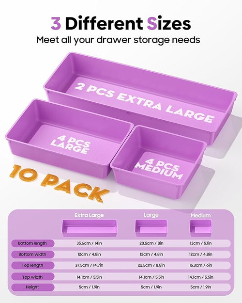 10 Pack Large Size Plastic Drawer Organizers Set, 3 Sizes Desk Drawer Organizer - Image 2