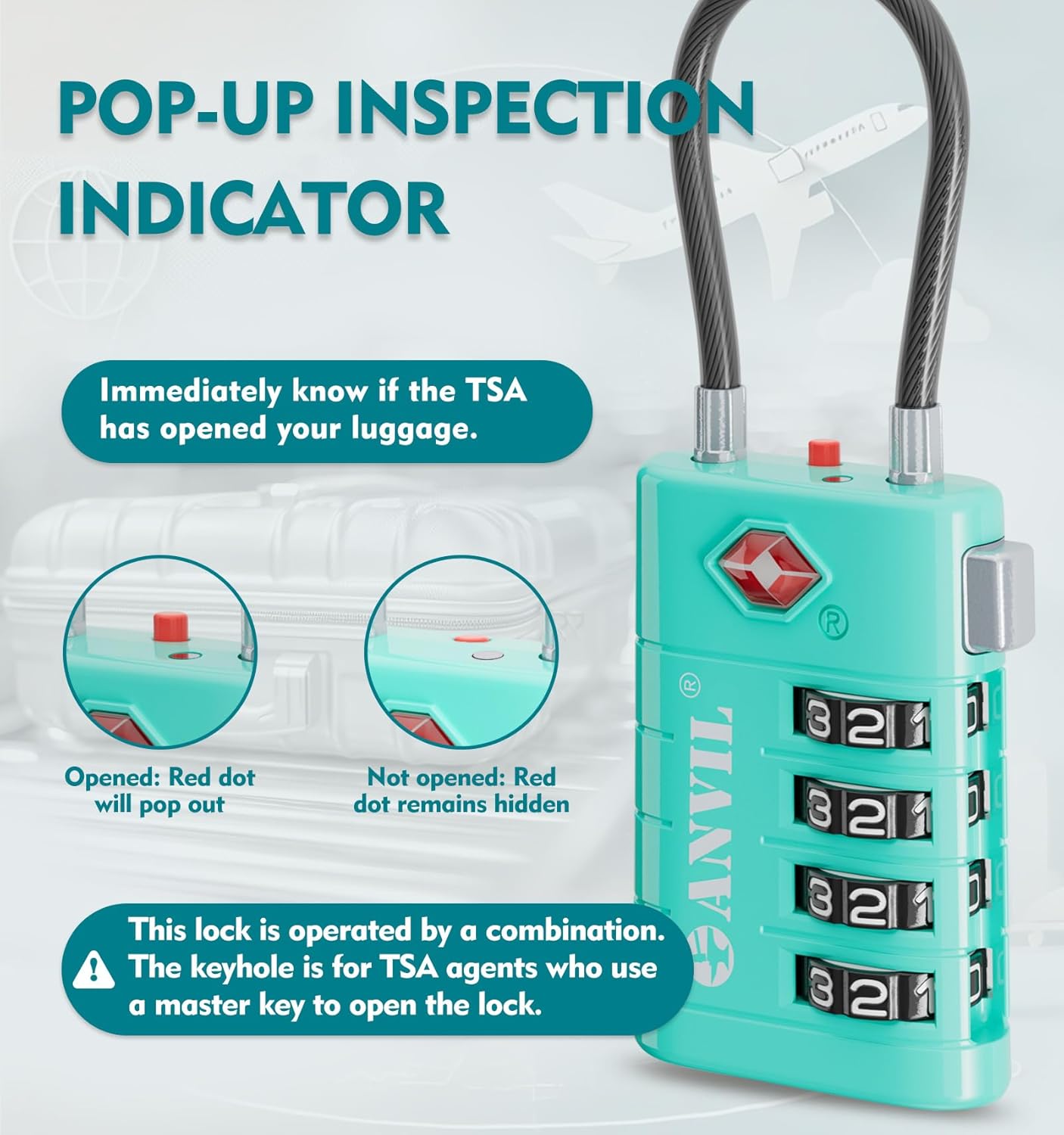 ANVIL 4 Digit Luggage Locks, TSA Locks for Luggage, Advanced TSA008 core, Alert Indicator for Your Travel Lock, Suitcase Lock.(3, Cyan)