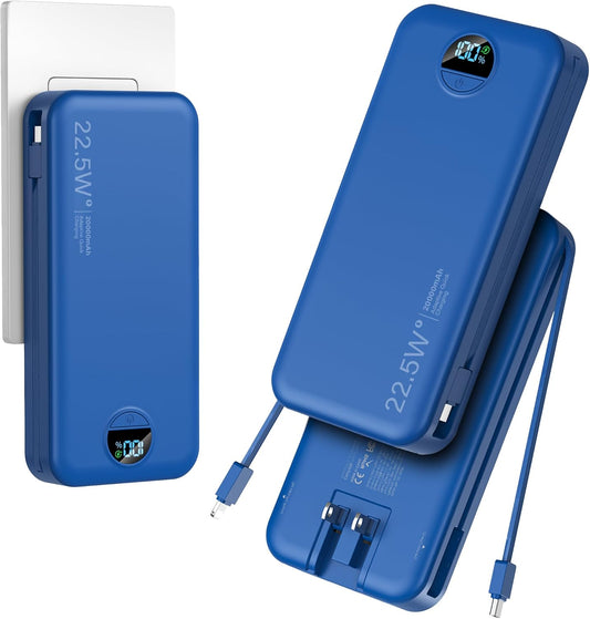 20000mAh Ultra-Portable-Charger-Power-Bank with Built in Cables&AC Wall Plug,PD20W USB-C Fast Charging Cell Phone Charger Battery Pack,LED Display Travel Battery Bank for All iPhone,Samsung,Android