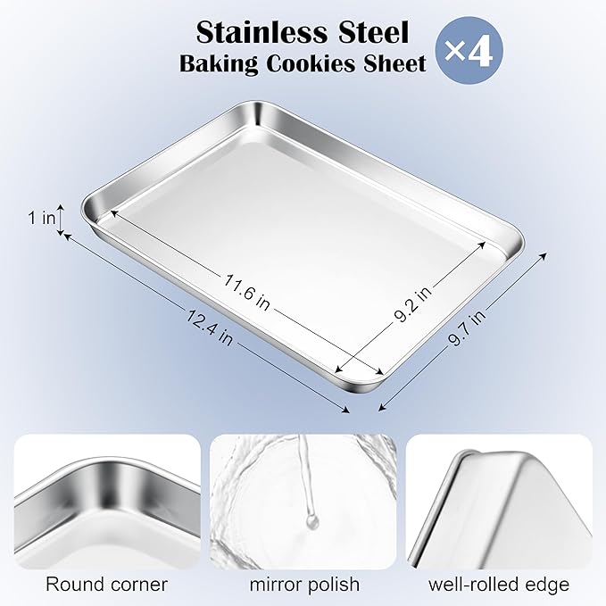 E-far Stainless Steel Baking Sheets Set of 4, 12.4” x9.7” Baking Cookie Sheets - Image 2