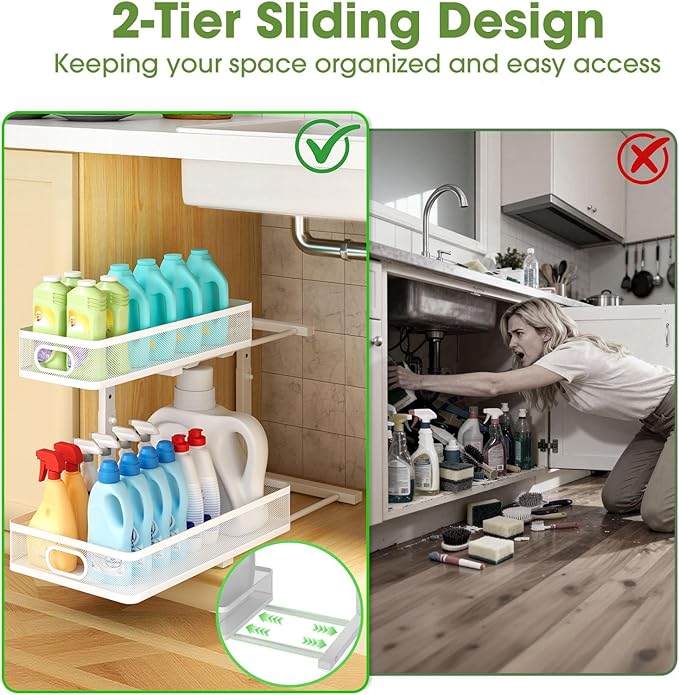 Under Sink Organizer 4-Pack, Metal 2-Tier Pull-Out Cabinet Shelf - Image 4