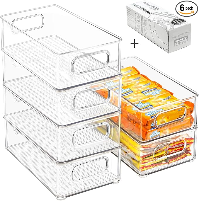 Stackable Refrigerator Organizer Bins, 6 Pack Clear Kitchen Organizer Container by Beauty+Cottage