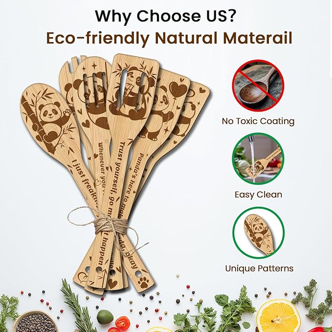 CUTHOLLOW 6PCS Pandas and Bamboo Wooden Kitchen Cooking Utensil Set, 11.9in Non - Image 3