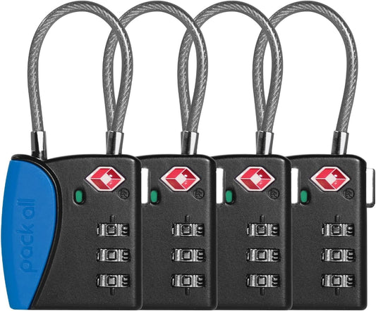 pack all TSA Approved Cable Luggage Locks, 3 Digit Combination Padlocks, Travel Lock for Suitcases & Bag, Alloy Body, Travel Accessories (4 Pack)（Navy）