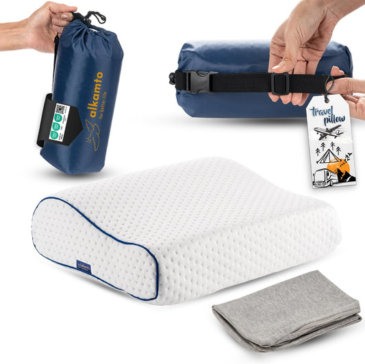 Travel & Camping Comfortable Memory Foam Pillow – Easy to Carry Portable Bag – Temperature Regulating Pillow Case (White Contour + Extra Cover)