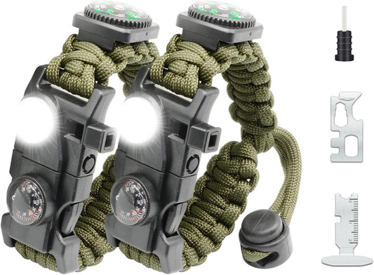 20 in 1 Survival Paracord Bracelet Adjustable Gear Kit with SOS LED Light, Fire Starter, Bigger Compass, Survival Whistle, Perfect for Camping, Hiking, Fishing
