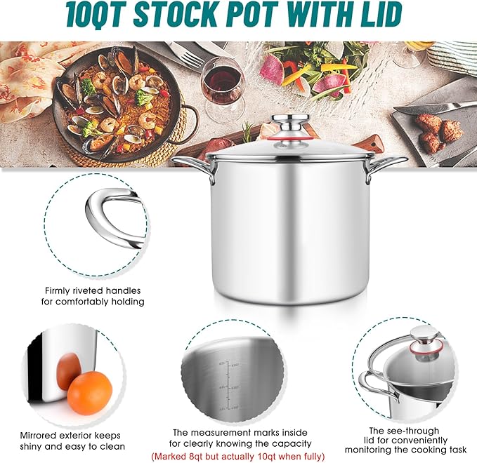 TeamFar 10 Quart Stock Pot, Stainless Steel Tri-ply Large Stockpot Pasta Soup - Image 3