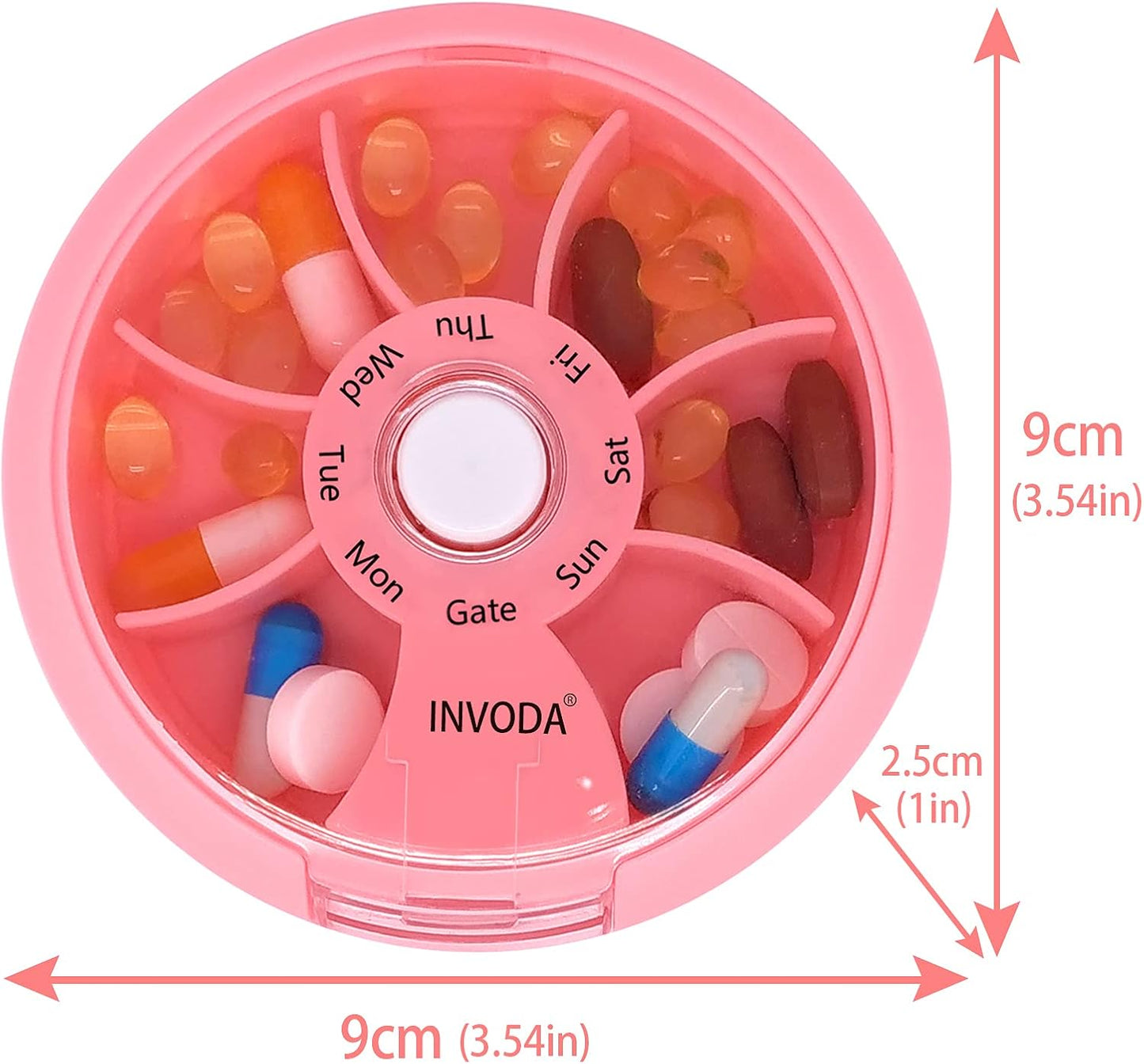 INVODA Weekly Pill Organizer 7 Compartment Rotating Pill Box for Daily Medication & Vitamins - Portable Travel Pill Case Fish Oil Supplements Vitamins Organizer (Pink)