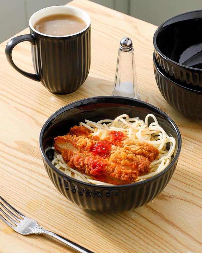 HASENSE 7 Inch Large Serving Bowls Set of 4, 42 Oz Black Ceramic Salad Bowl - Image 4