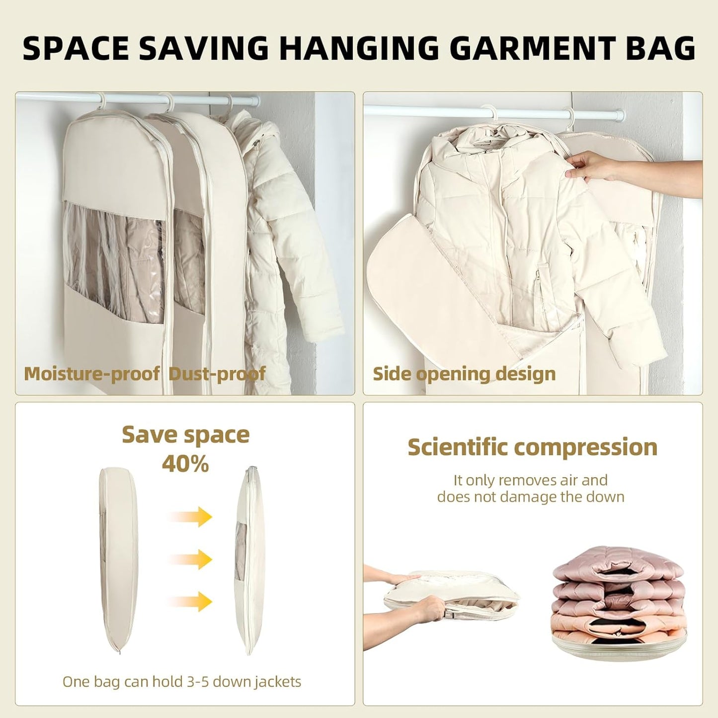 2 Packs Space Saving Garment Bag with Self Compression Zipper,Travel Suit Bags for Closet Storage, Hanging Garment Bag for Coats, Down Jackets (Large, Beige)
