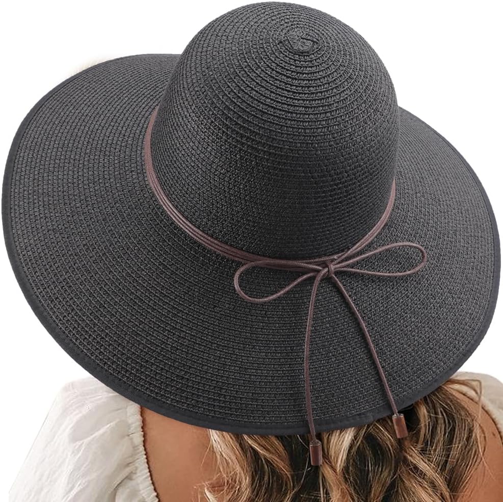 DRESHOW Beach Hats for Women Big Straw Wide Brim Summer Hat Floppy Foldable Roll up Cap Sun Hat UPF 50+