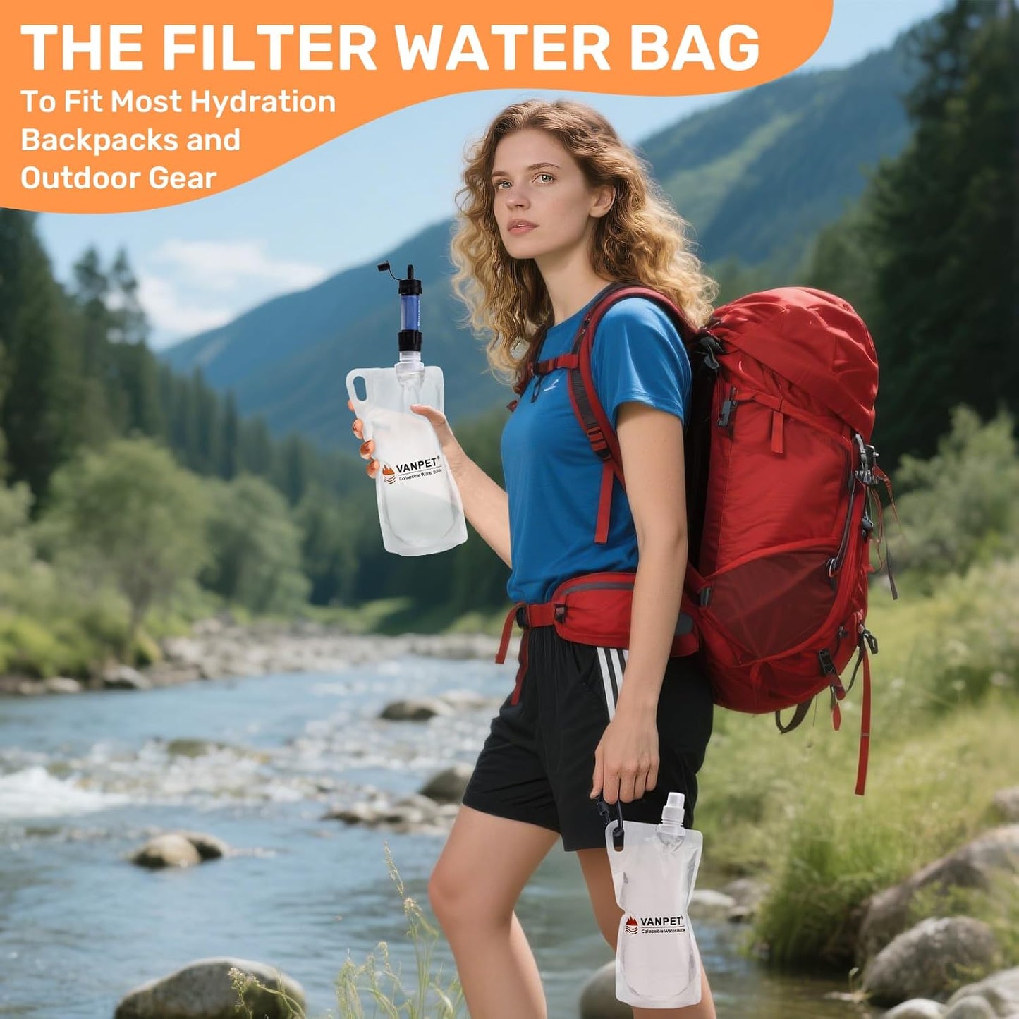 1L Hiking Collapsible Water Bottles, 33OZ BPA-Free Plastic Flasks, Reusable Drink Bags, Foldable Backpacking Water Bottle for Travel Camping Hiking (6-Pack)