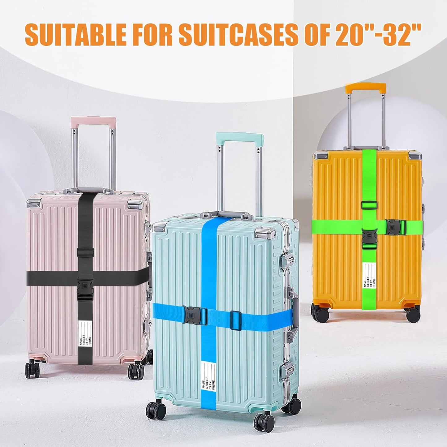 BILIONE Luggage Straps 88 inch Adjustable Suitcase Belt, Lockable Against Accidental Opening, Easy to Identify Travel Accessories, Add a Bag Connector (Vibrant Orange + Green, 4)