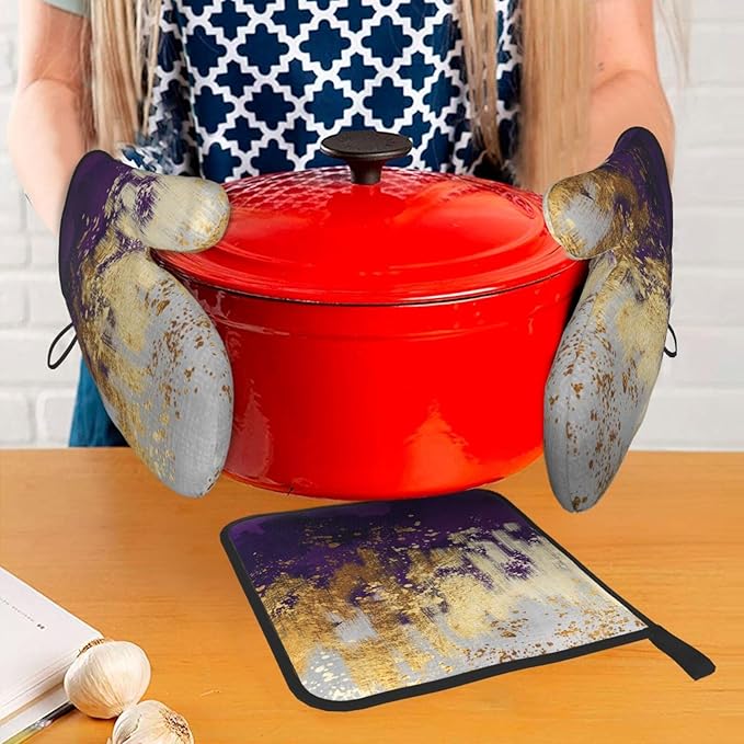 3 - Piece Purple and Gold Splash Patterned Oven Mitts and Pot Holders Set - Image 2