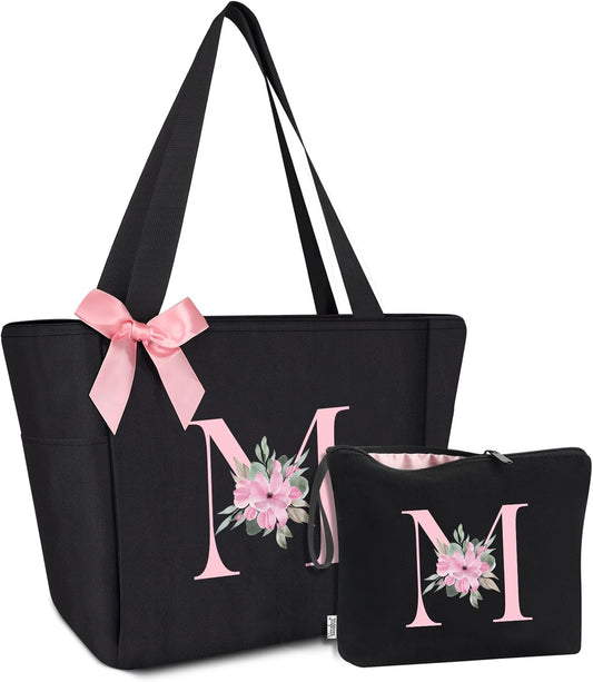 Vavabox Tote Bag, A-Z Initial Monogrammed Waterproof Tote Bag, Bridesmaid Gifts for Women, Black and Pink