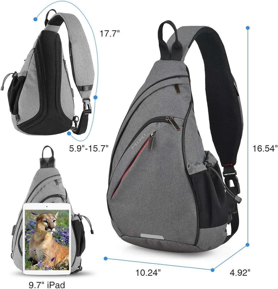 mixi Sling Bag Men Backpack Unisex One Shoulder Bag Hiking Travel Backpack Crossbody with USB Port for Men Women Versatile Casual Daypack-17 inch,Gery