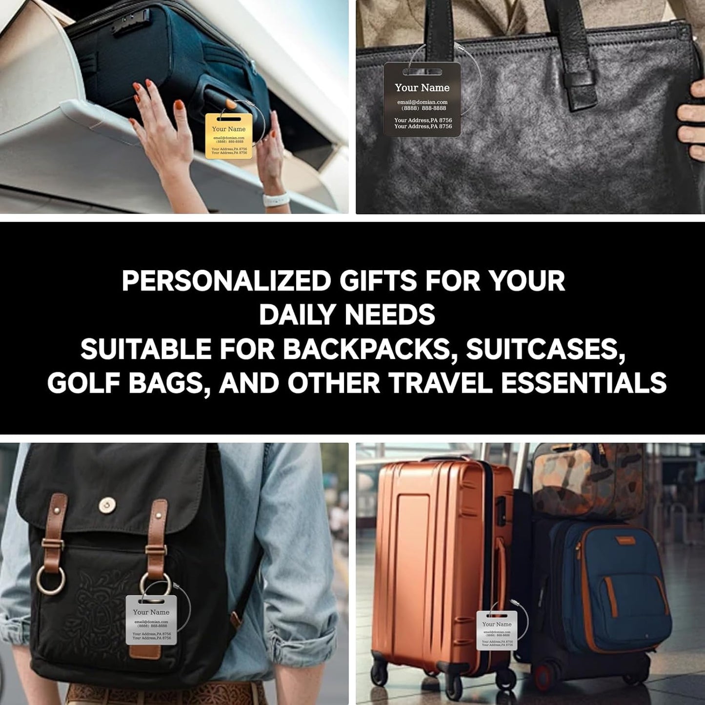 （2-Pack） Stainless Steel Custom Luggage Tags - Laser Engraved Personalized Travel Tags - Custom Name Identification Tags: for Suitcases, Backpacks, Bags and More (Gold)